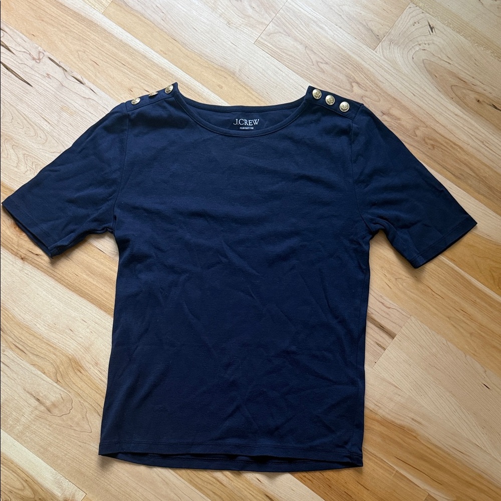 J. Crew Navy Short-Sleeve Tee with Gold Shoulder Buttons